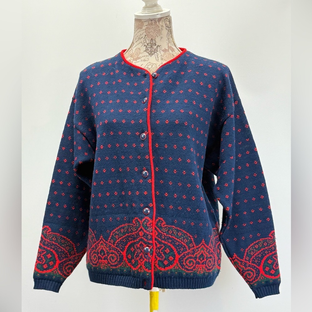 PENDLETON Blue and Red Nordic 100% Virgin Wool Cardigan size L